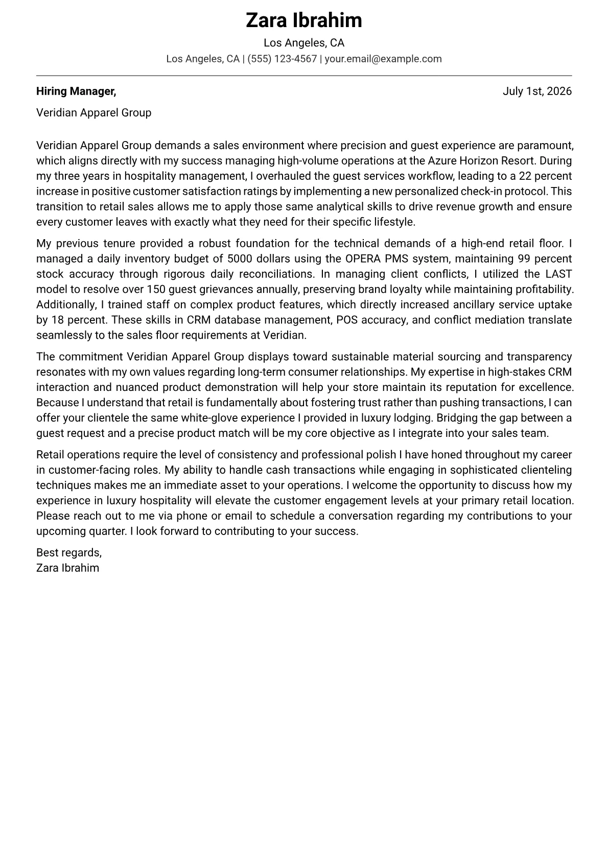 Retail Sales Associate cover letter in the Modern design