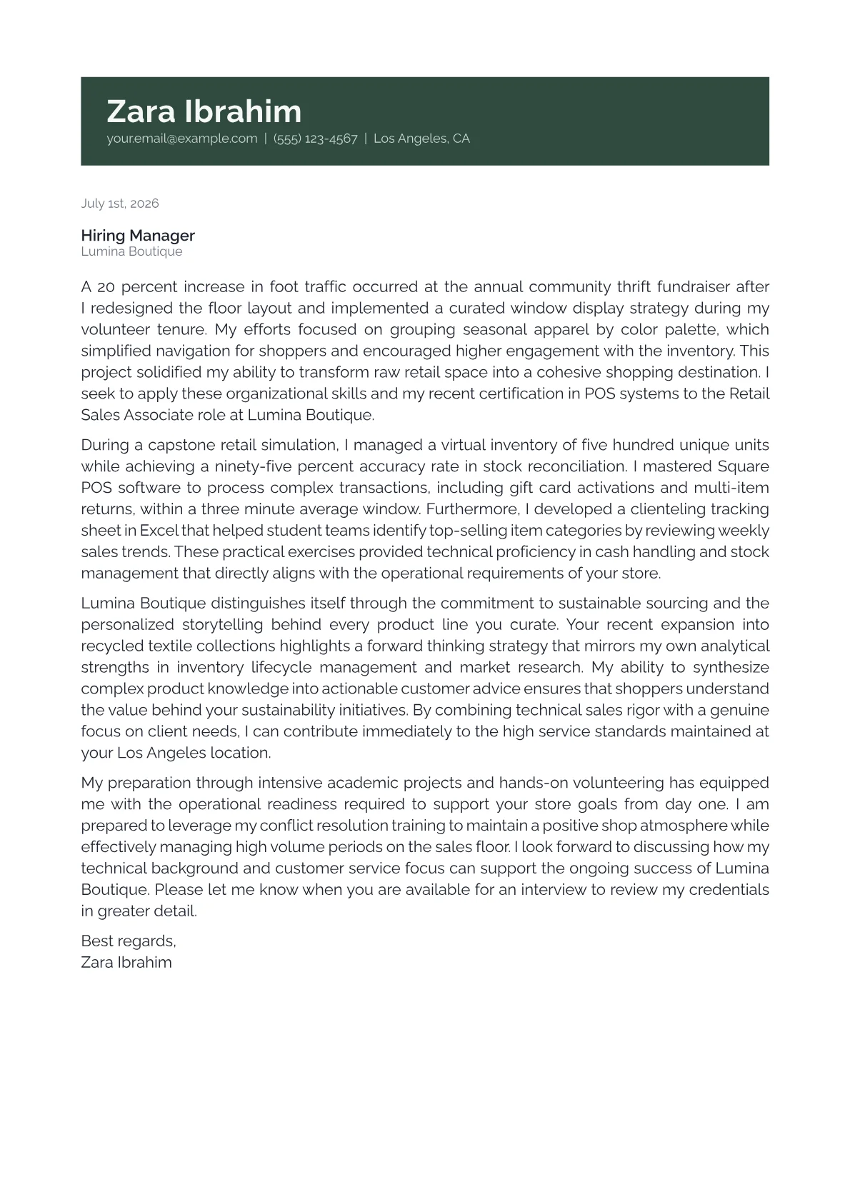 Retail Sales Associate cover letter in the Banner design