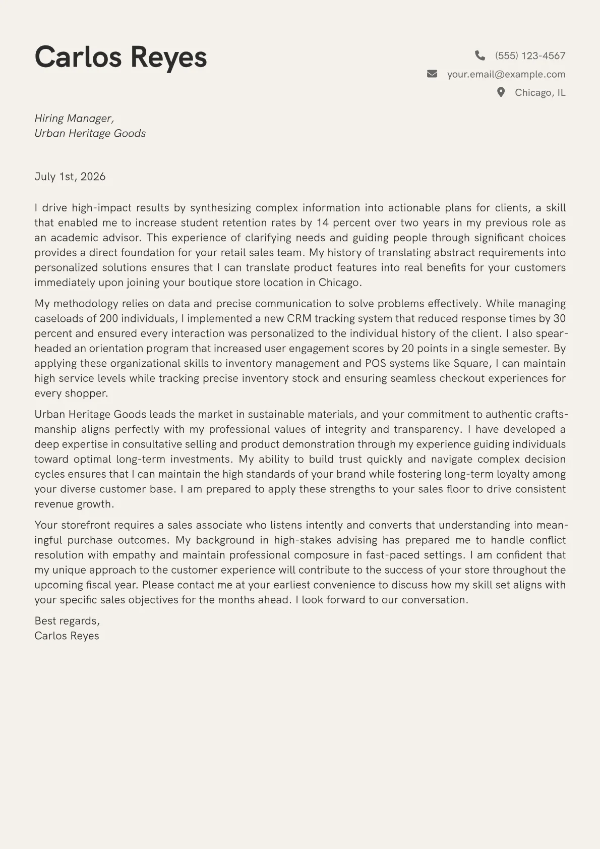 Retail Sales cover letter in the Creative design