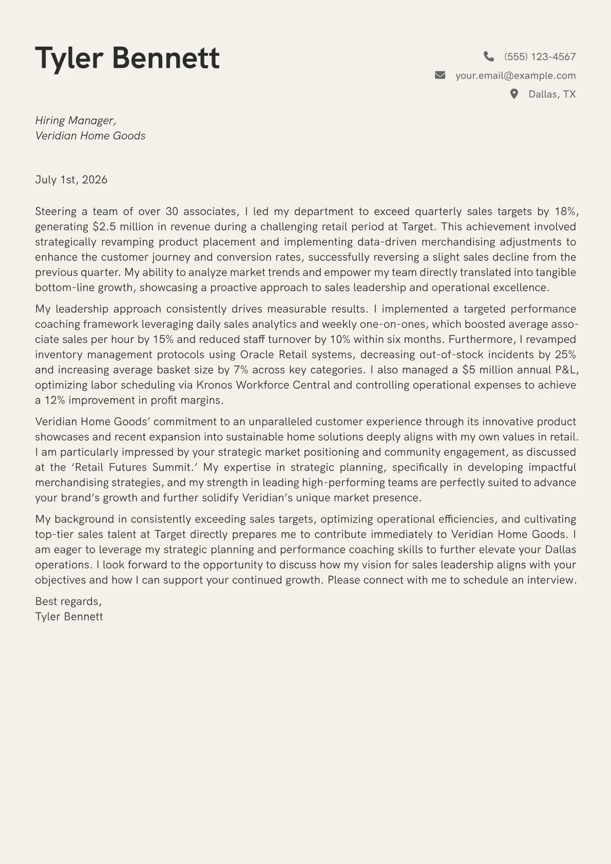 Retail Sales Manager cover letter formatted with a JobSprout template