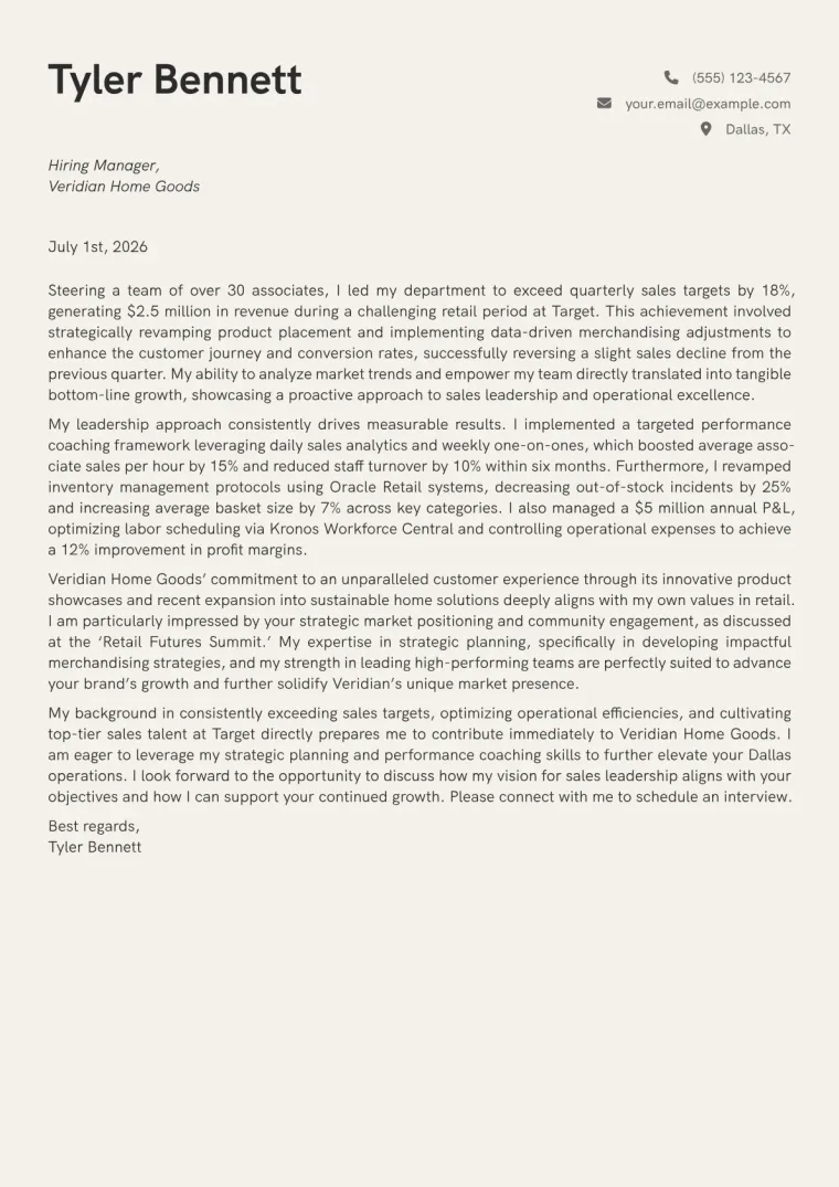 Retail Sales Manager cover letter example preview