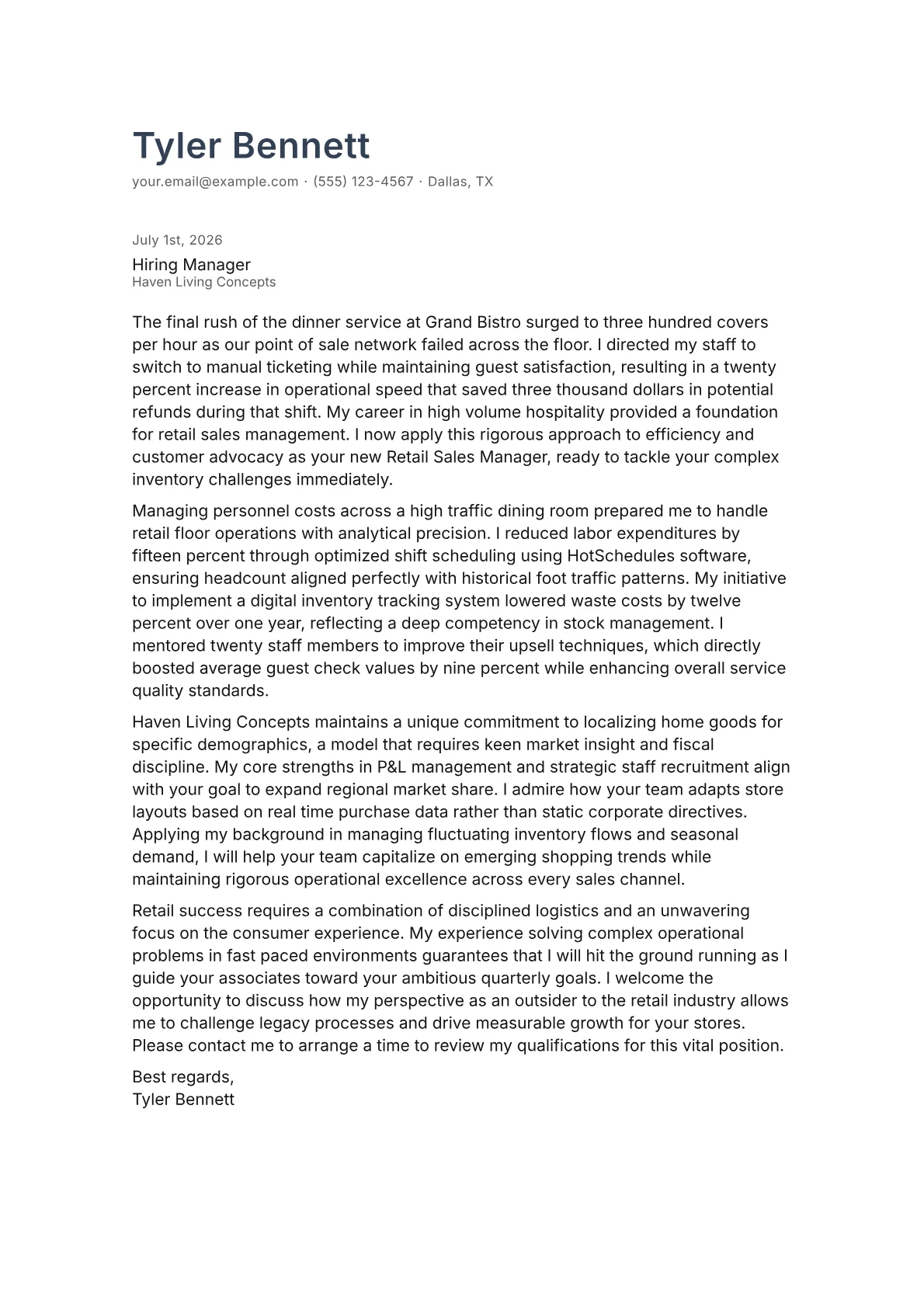 Retail Sales Manager cover letter in the Minimal design