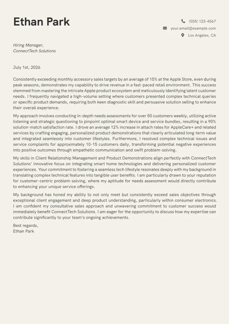 Retail Sales Representative Cover Letter Example