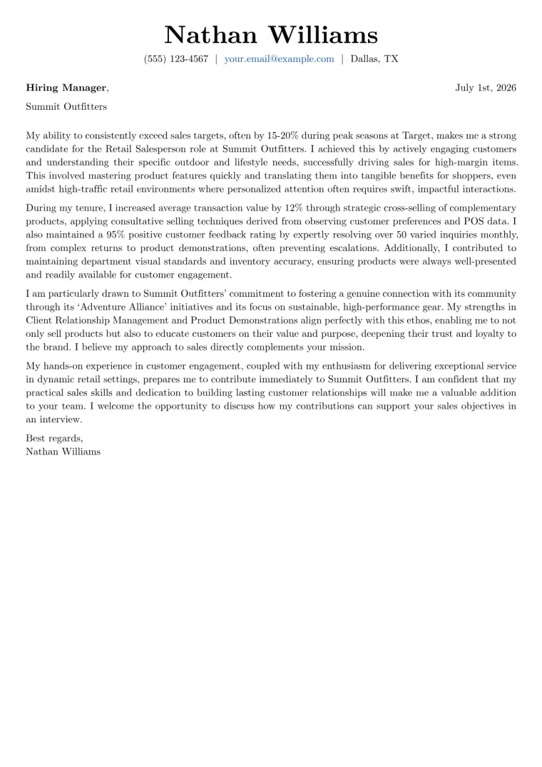 Retail Salesperson Cover Letter Example