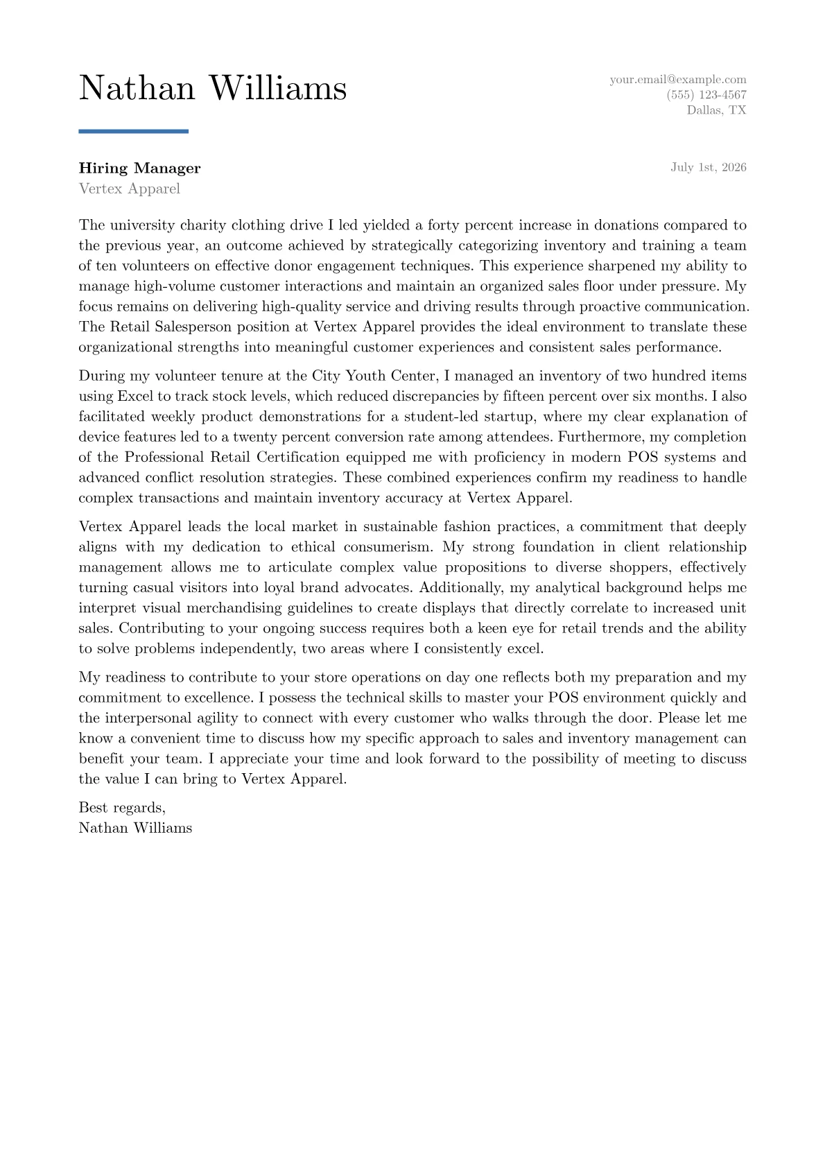 Retail Salesperson cover letter in the Executive design