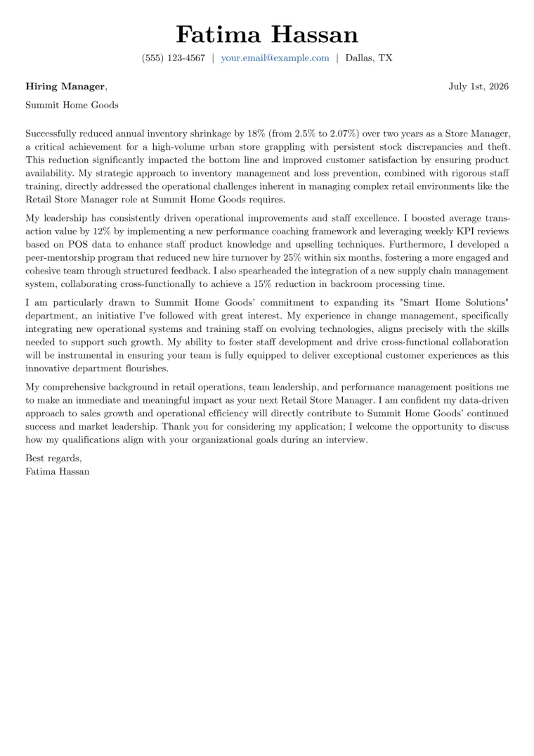Retail Store Manager Cover Letter Example
