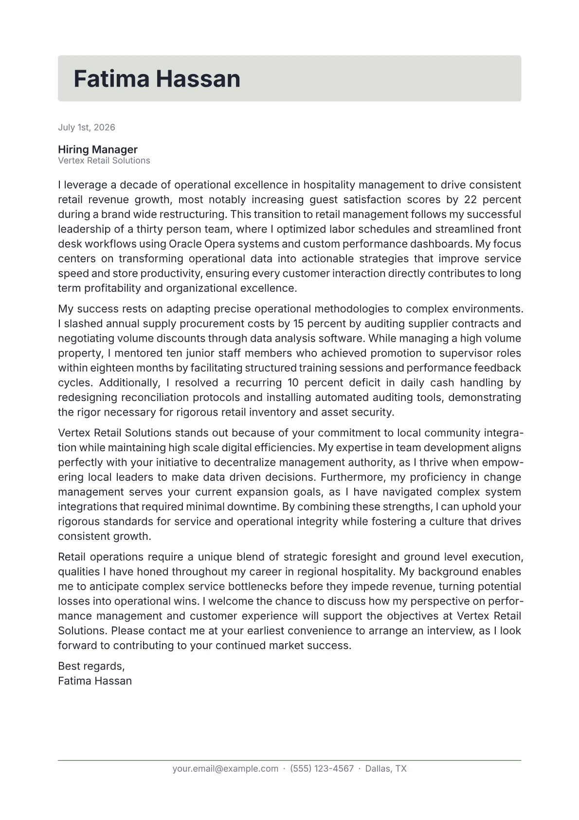 Retail Store Manager cover letter in the Letterhead design