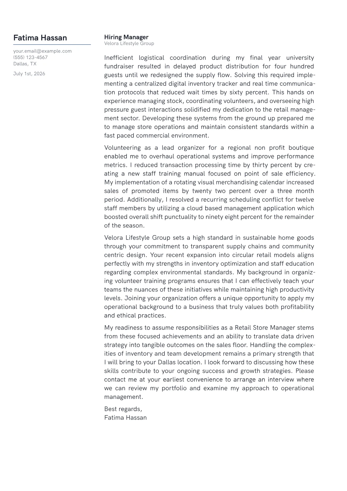 Retail Store Manager cover letter in the Margin design