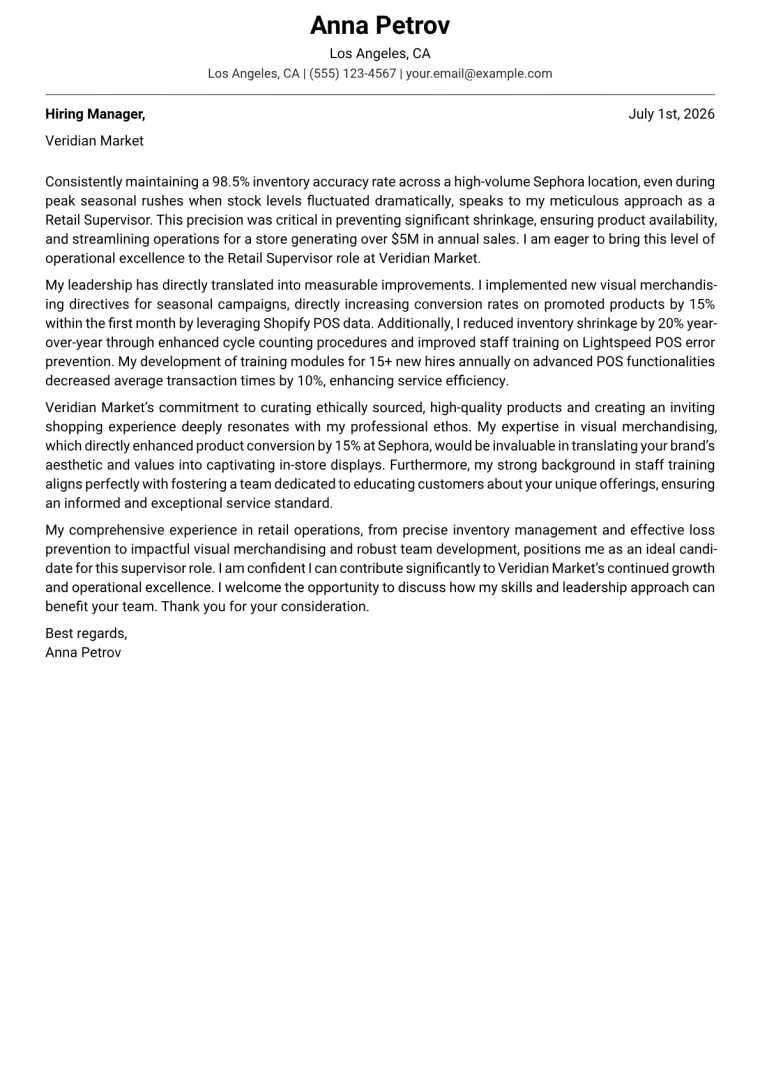 Retail Supervisor Cover Letter Example