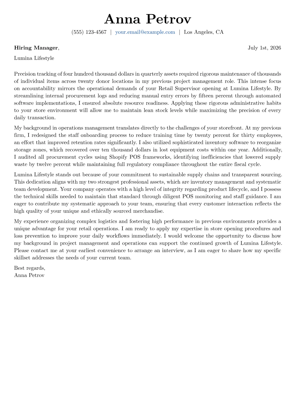 Retail Supervisor cover letter in the Basic design