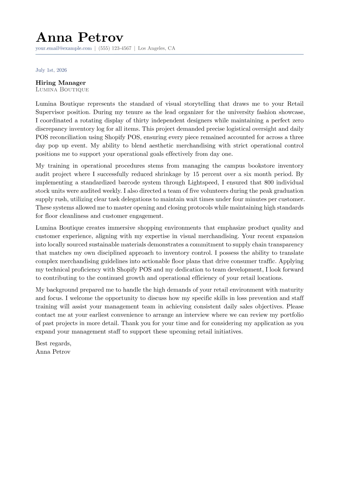 Retail Supervisor cover letter in the Classic design