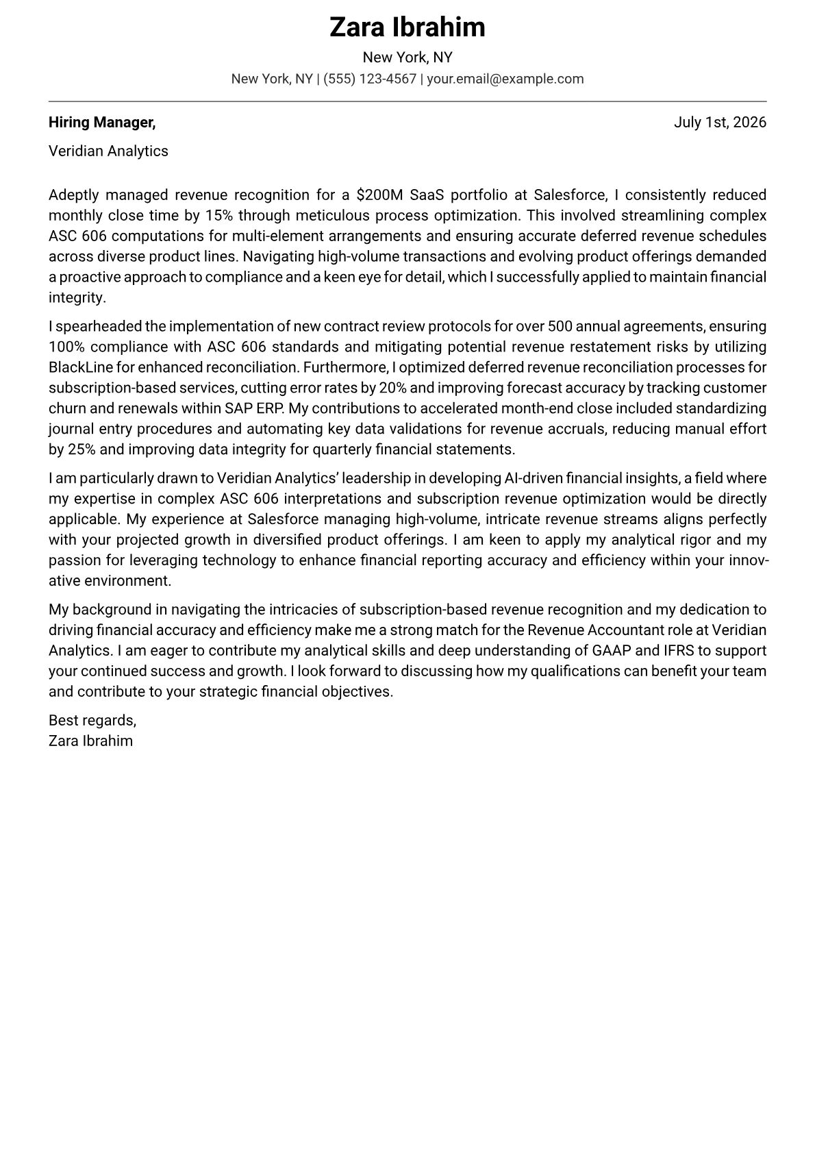 Revenue Accountant cover letter formatted with a JobSprout template