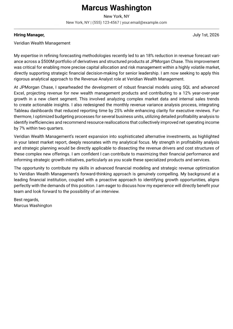 Revenue Analyst cover letter example preview