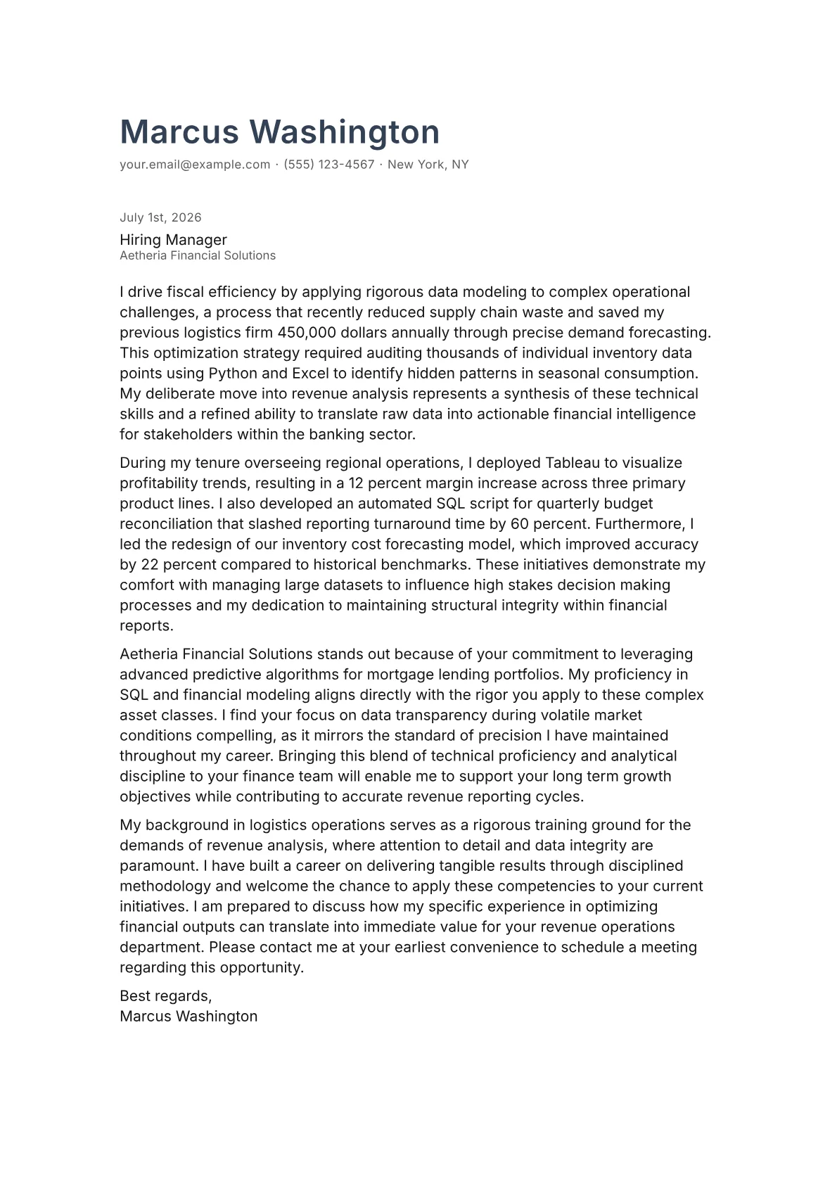 Revenue Analyst cover letter in the Minimal design