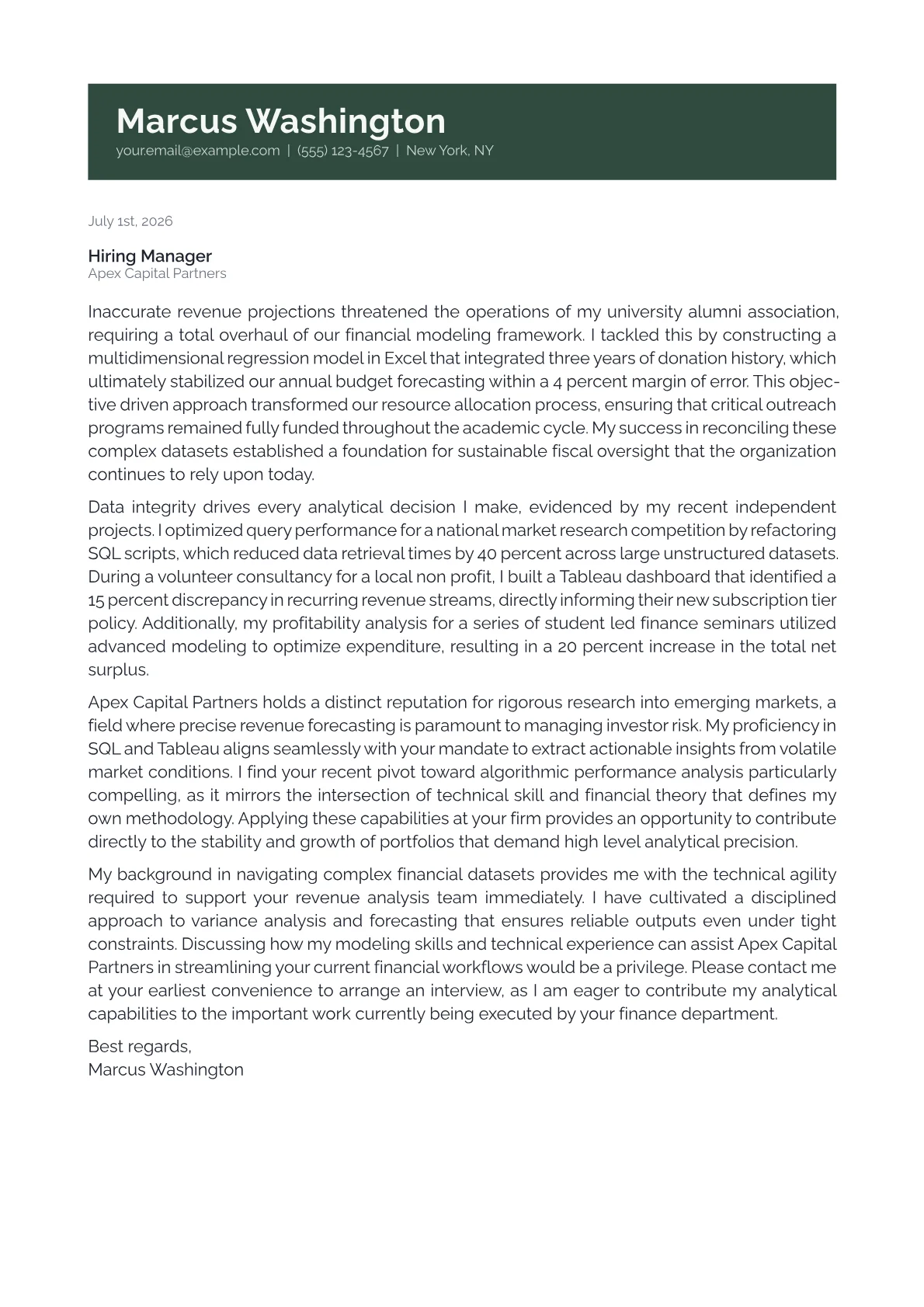 Revenue Analyst cover letter in the Banner design