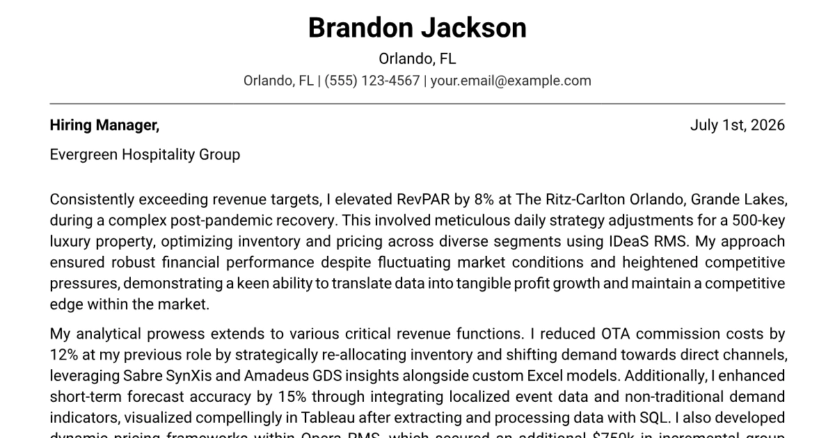 Revenue Analyst Hotel Cover Letter Example + Template (2026)