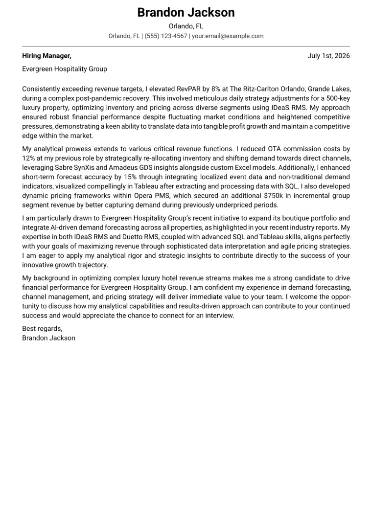 Revenue Analyst Hotel Cover Letter Example + Template (2026)