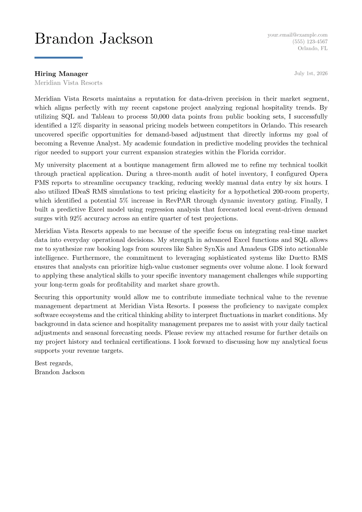 Revenue Analyst Hotel cover letter in the Executive design