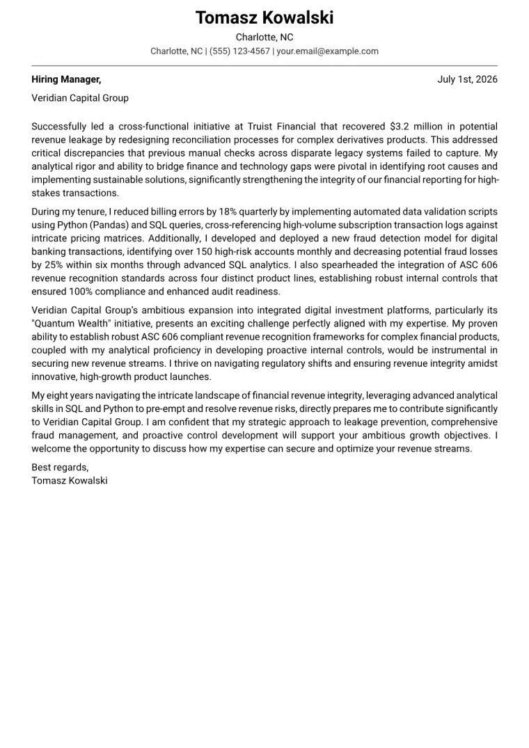 Revenue Assurance Manager Cover Letter Example