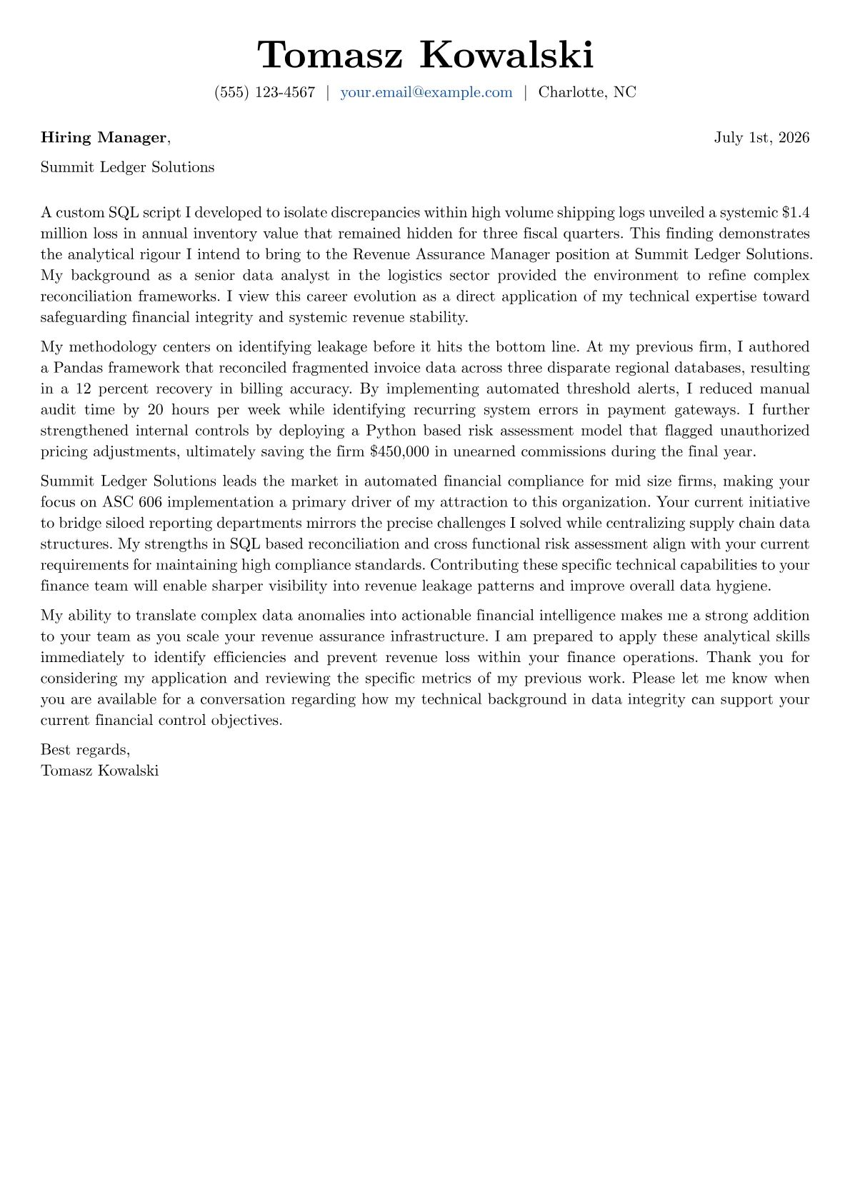 Revenue Assurance Manager cover letter in the Basic design