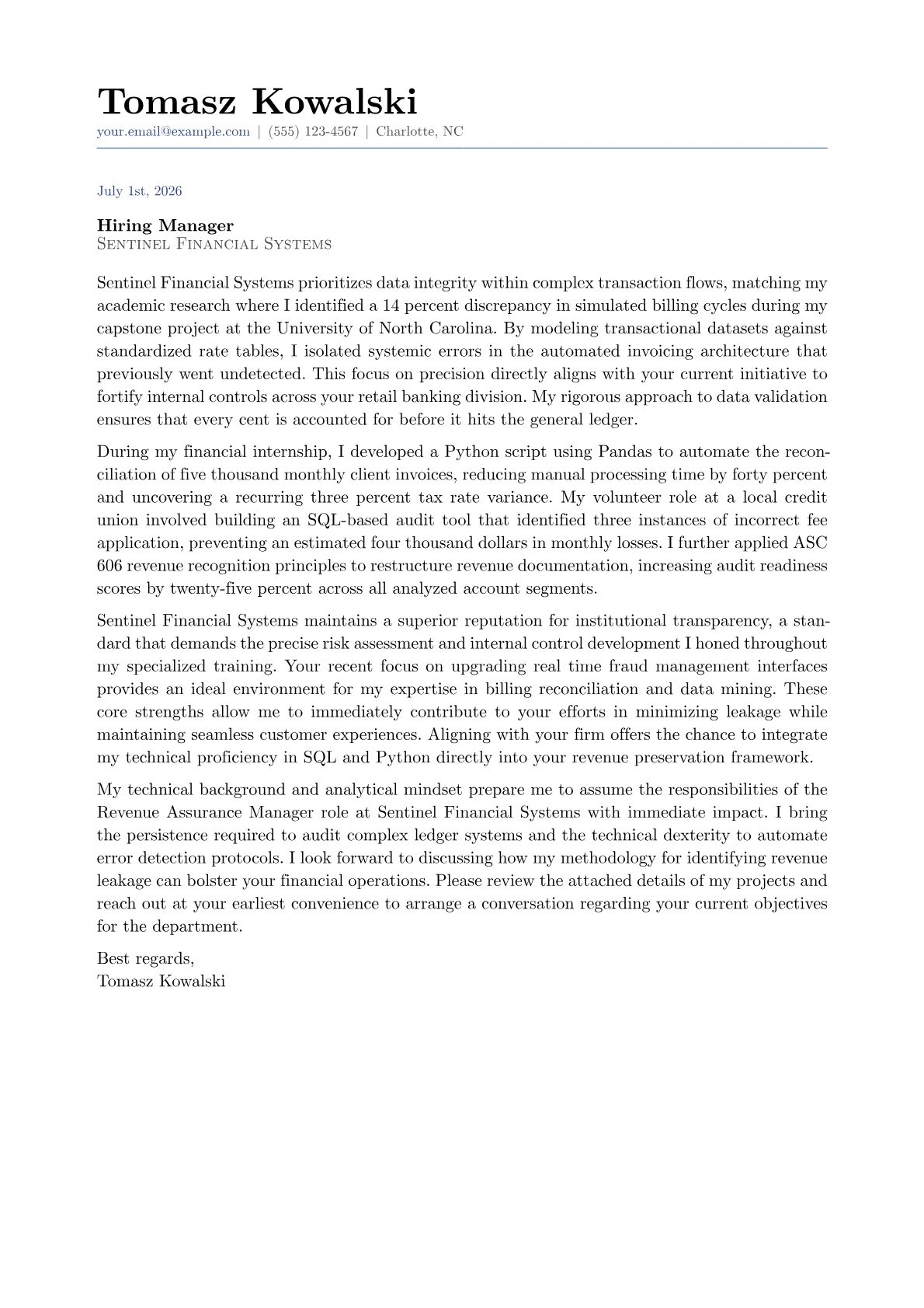 Revenue Assurance Manager cover letter in the Classic design