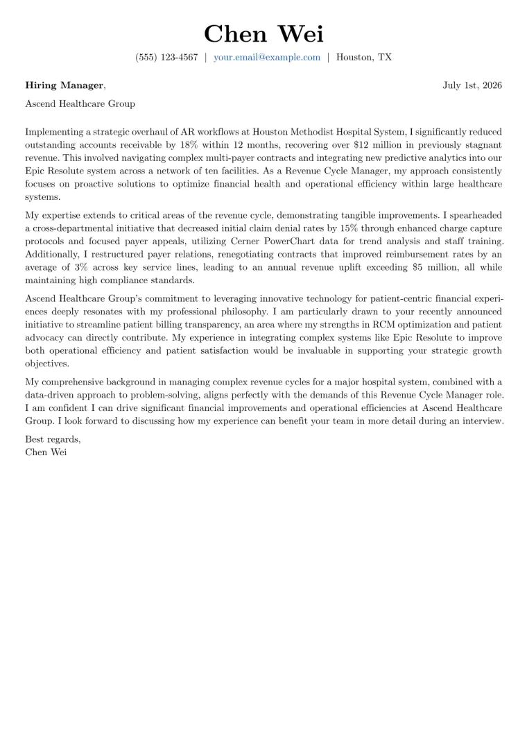 Revenue Cycle Manager Cover Letter Example