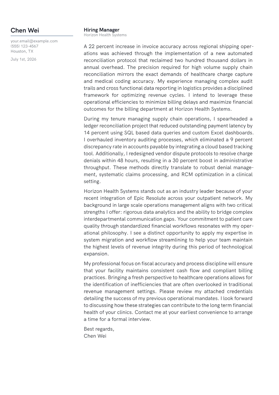 Revenue Cycle Manager cover letter in the Margin design