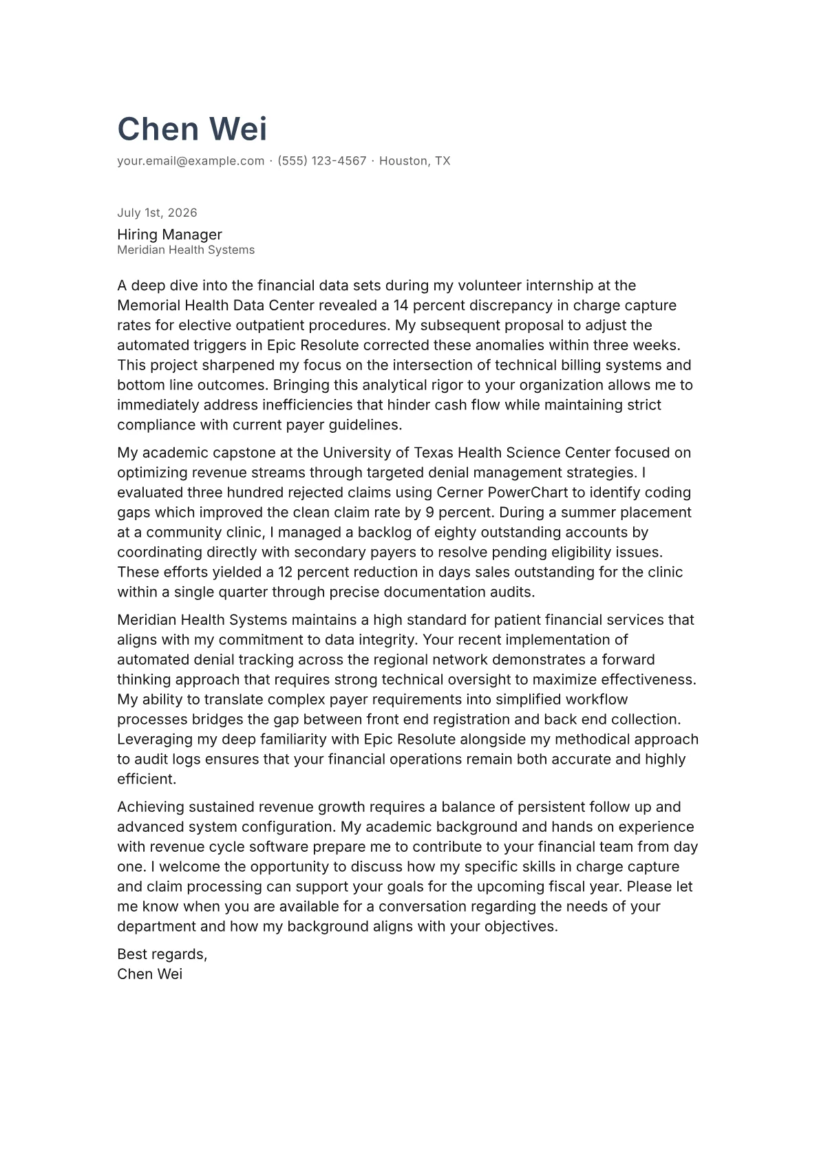 Revenue Cycle Manager cover letter in the Minimal design