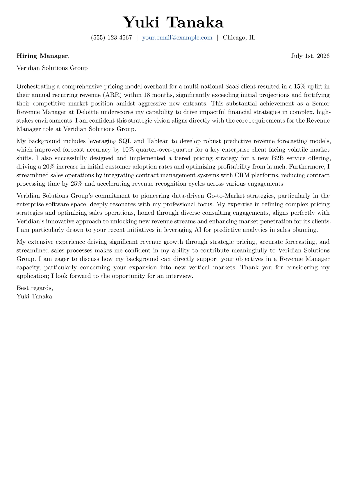 Revenue Manager cover letter formatted with a JobSprout template