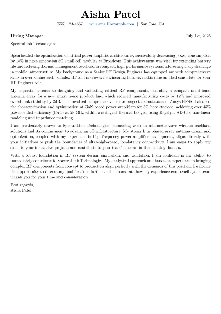 RF Engineer Cover Letter Example