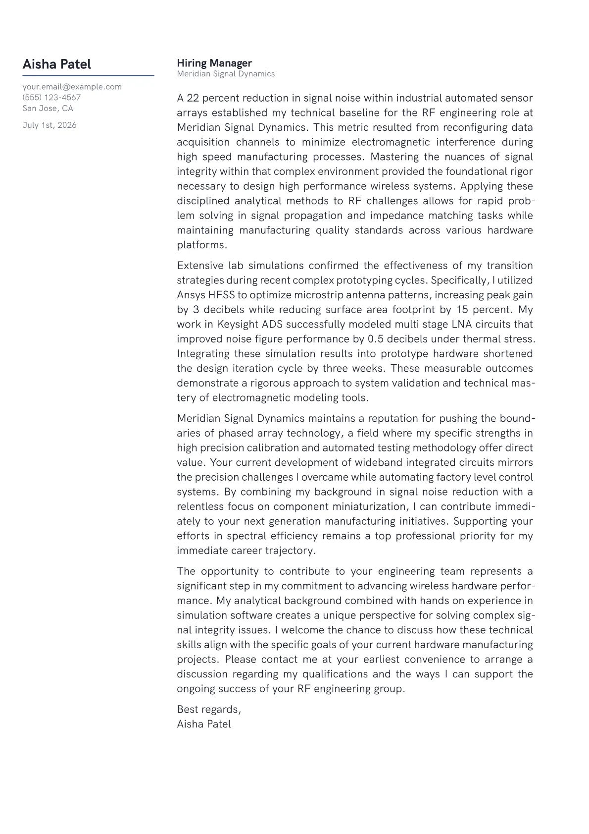 RF Engineer cover letter in the Margin design
