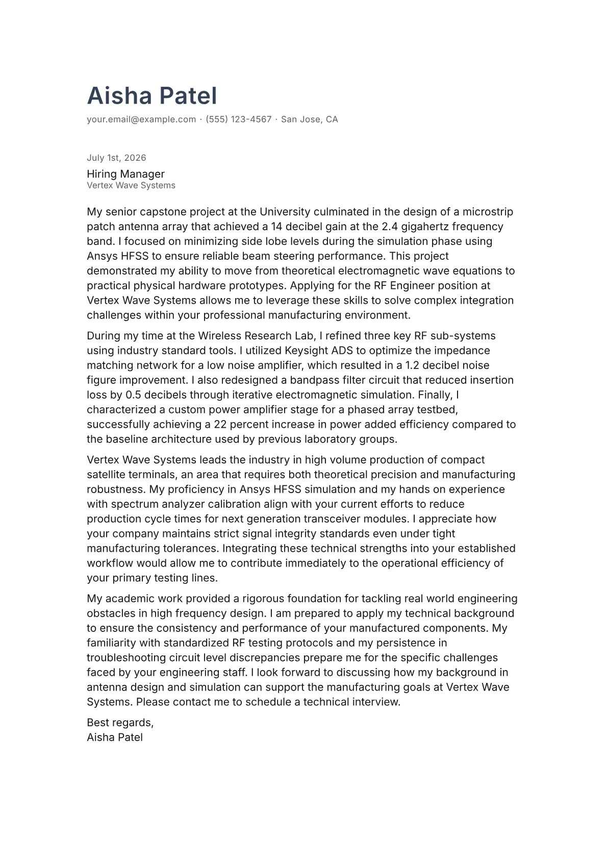 RF Engineer cover letter in the Minimal design