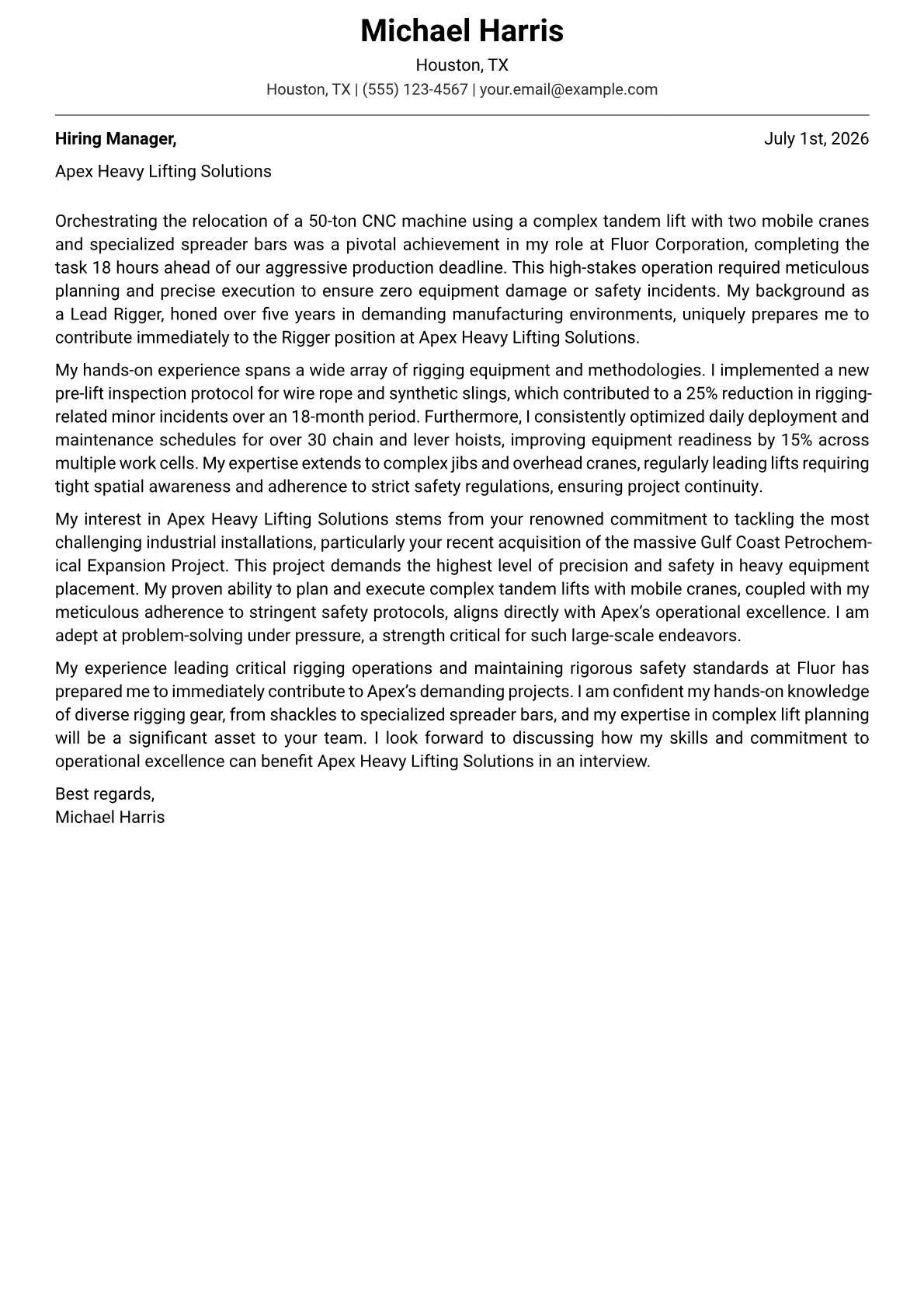 Rigger cover letter formatted with a JobSprout template