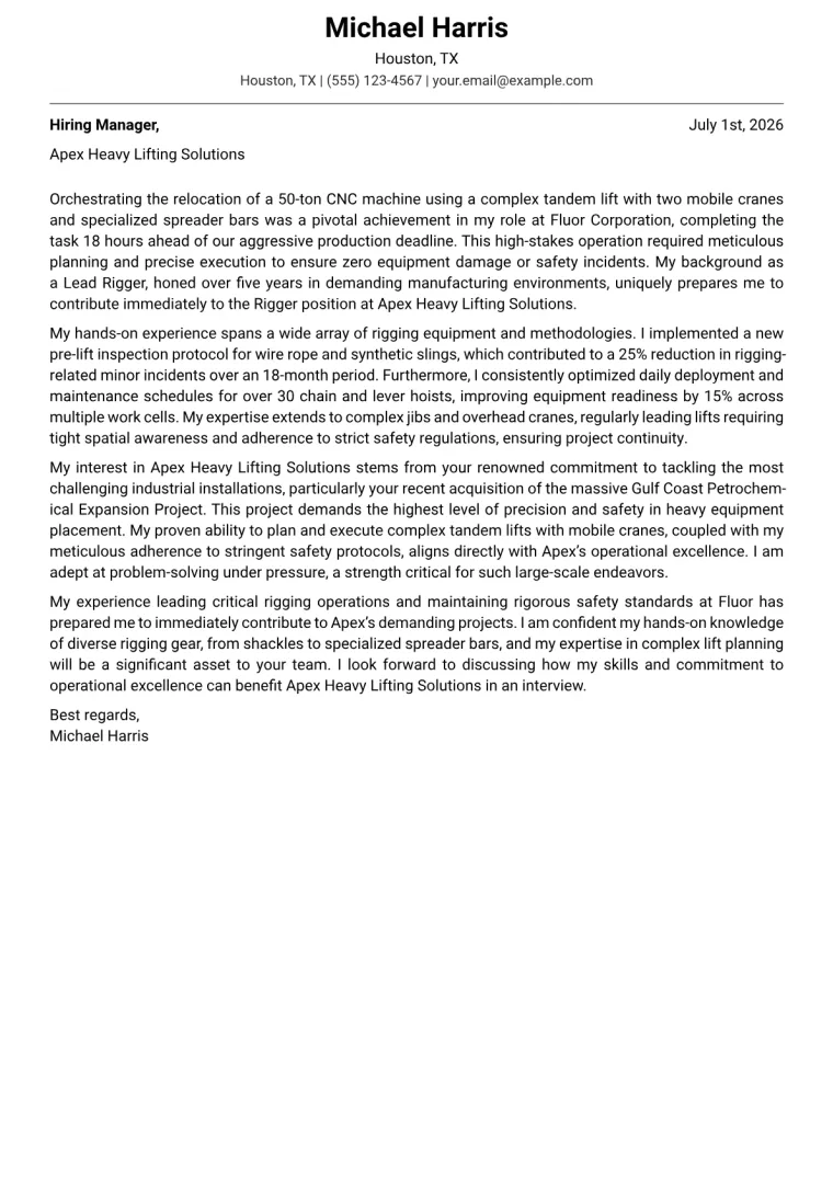 Rigger cover letter example preview