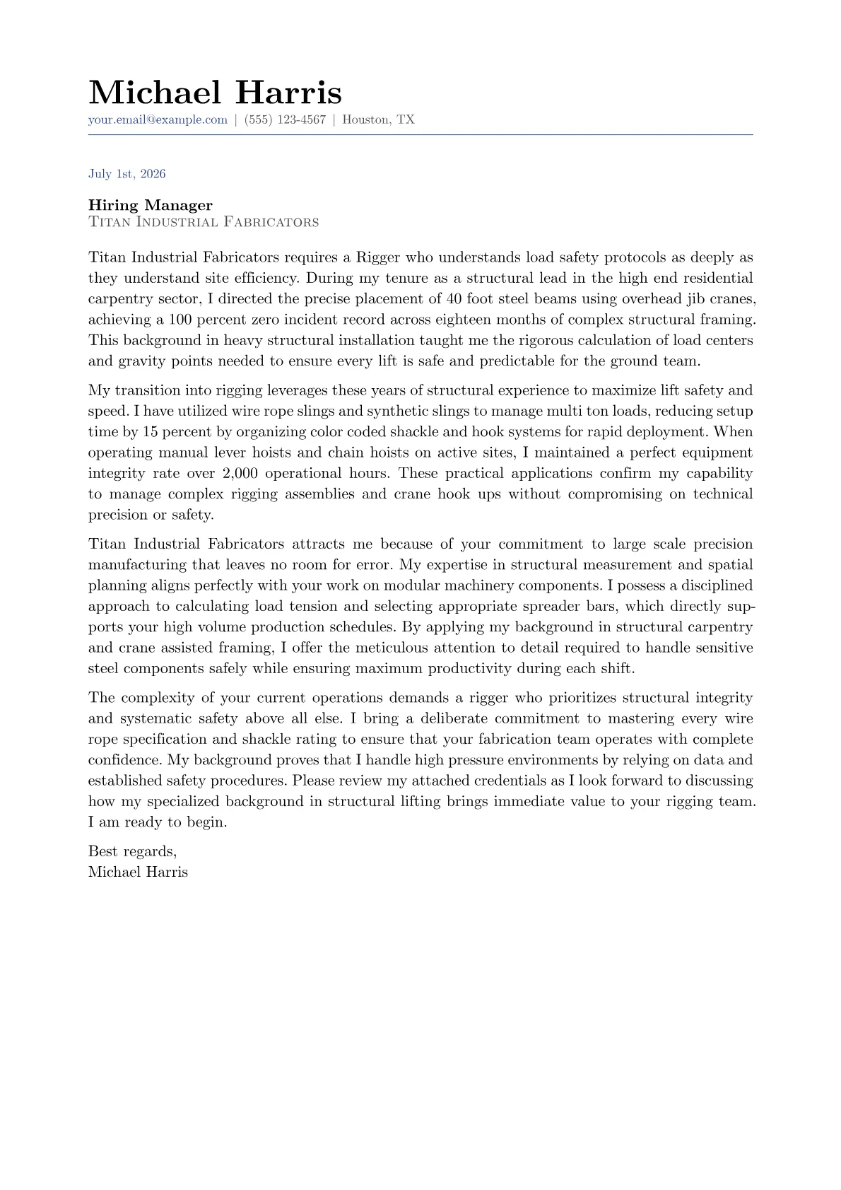 Rigger cover letter in the Classic design