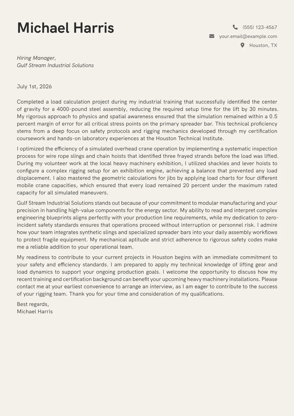 Rigger cover letter in the Creative design