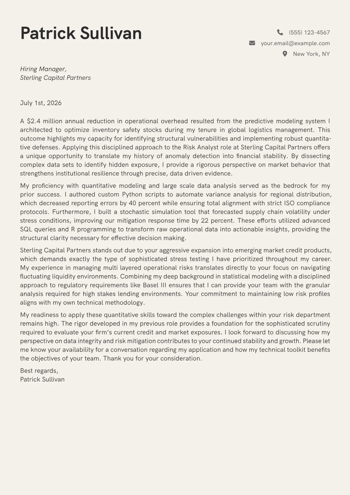 Risk Analyst cover letter in the Creative design