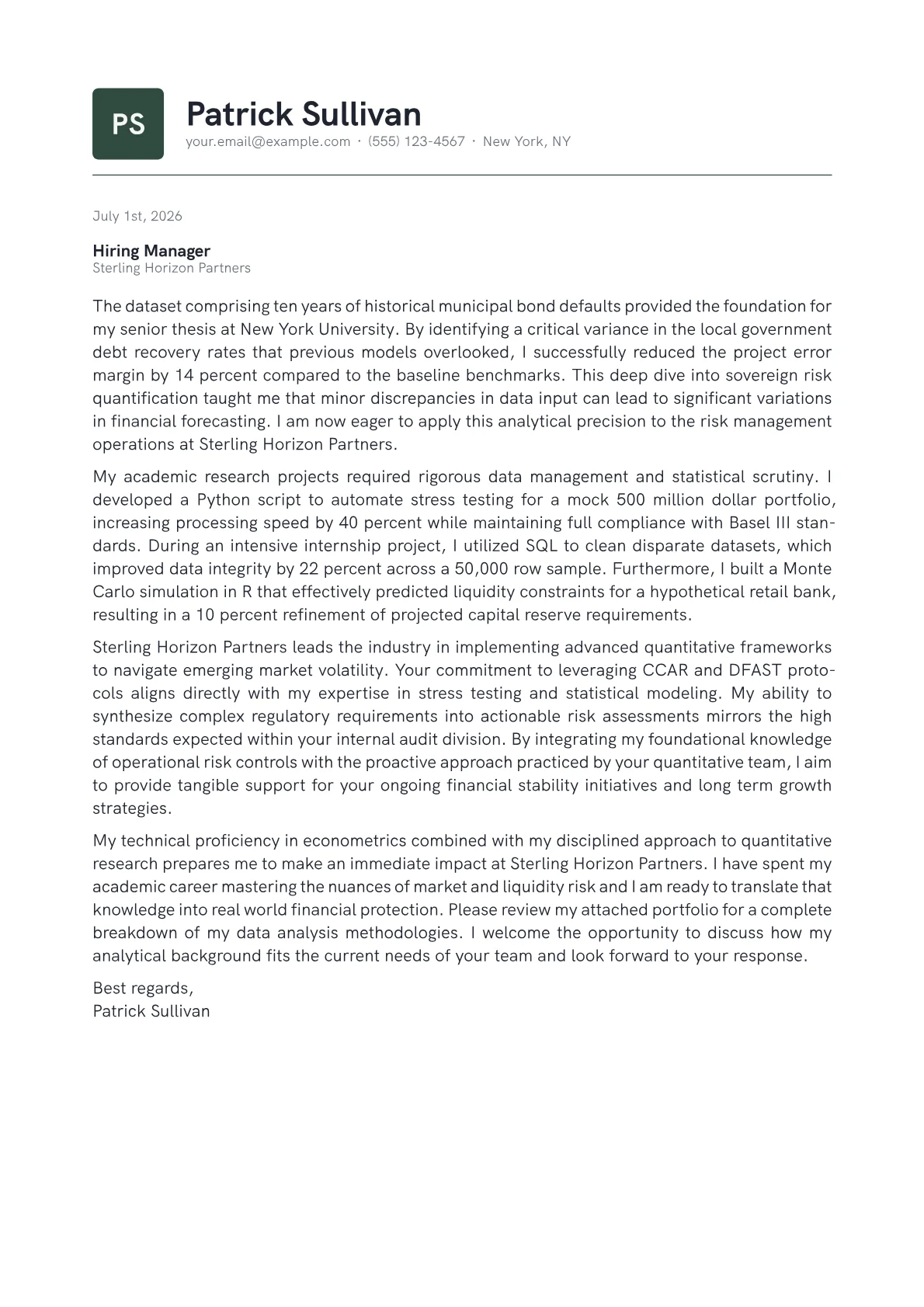 Risk Analyst cover letter in the Emblem design