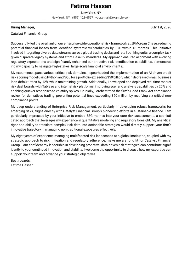 Risk Manager Cover Letter Example