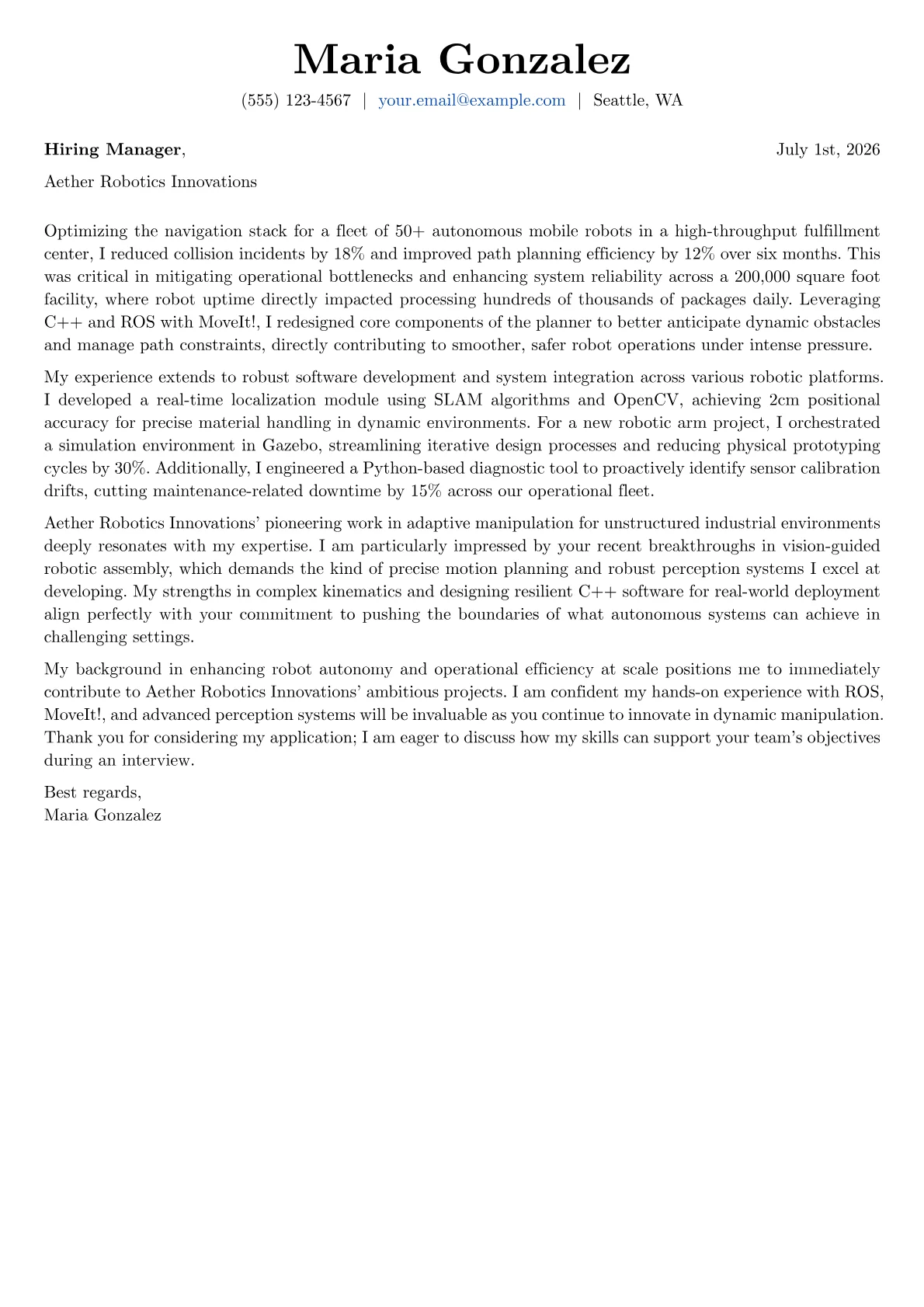 Robotics Engineer cover letter formatted with a JobSprout template