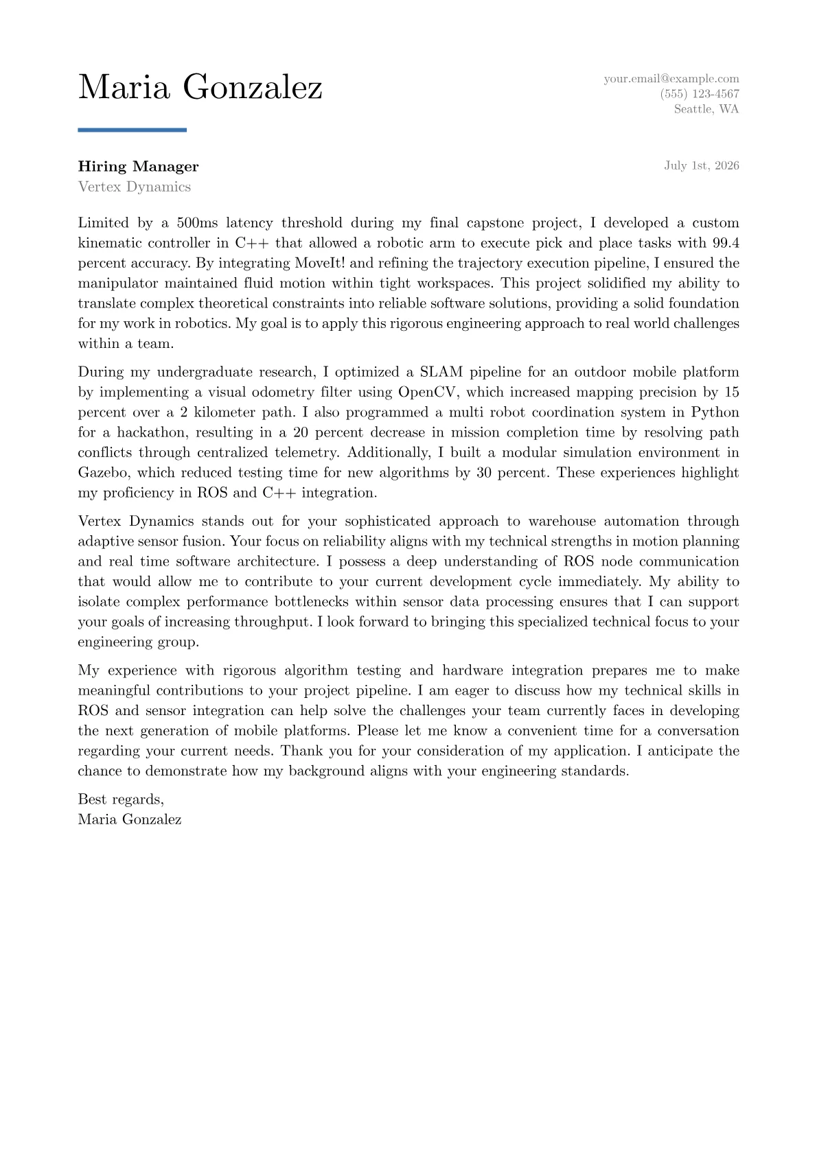 Robotics Engineer cover letter in the Executive design
