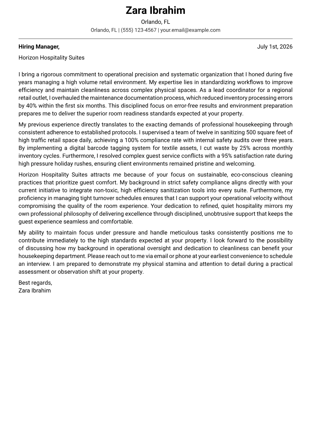 Room Attendant cover letter in the Modern design