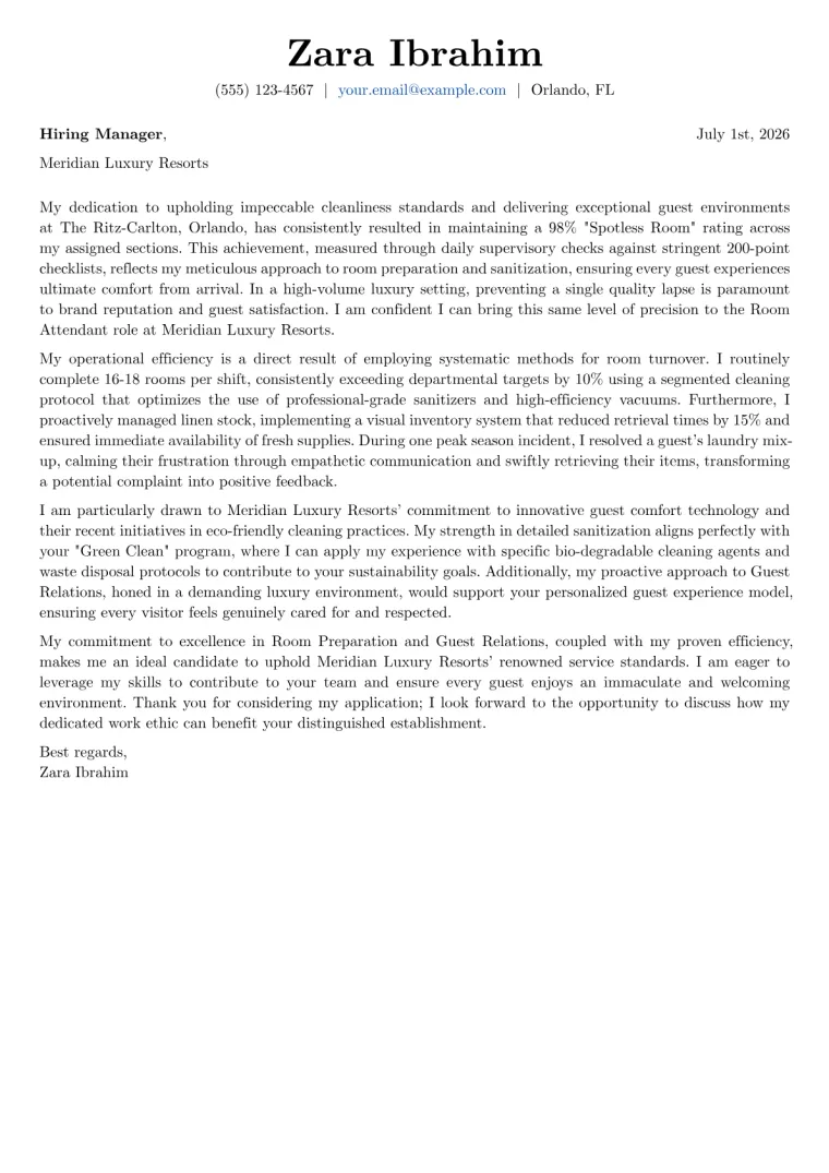 Room Attendant Cover Letter Example