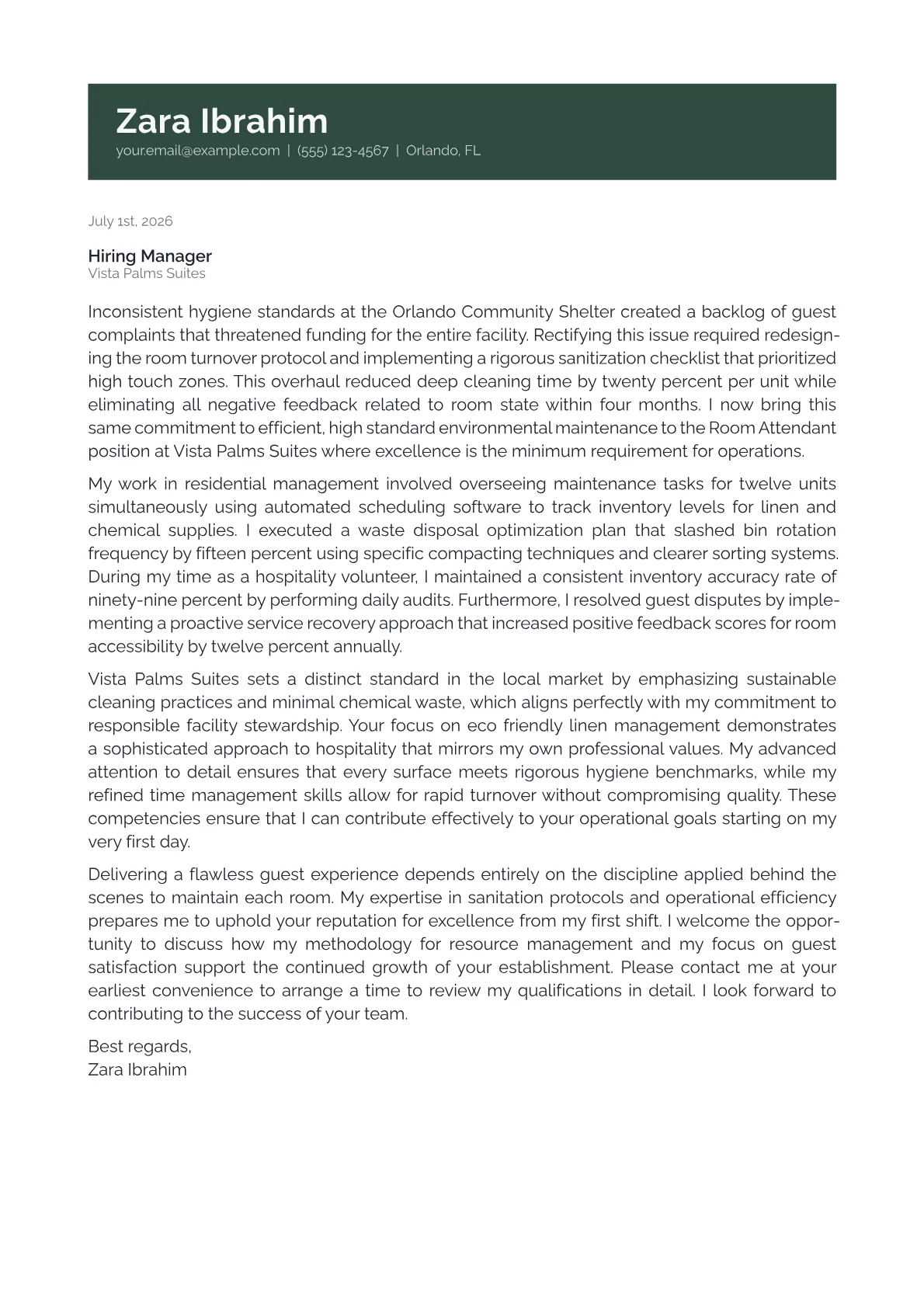 Room Attendant cover letter in the Banner design