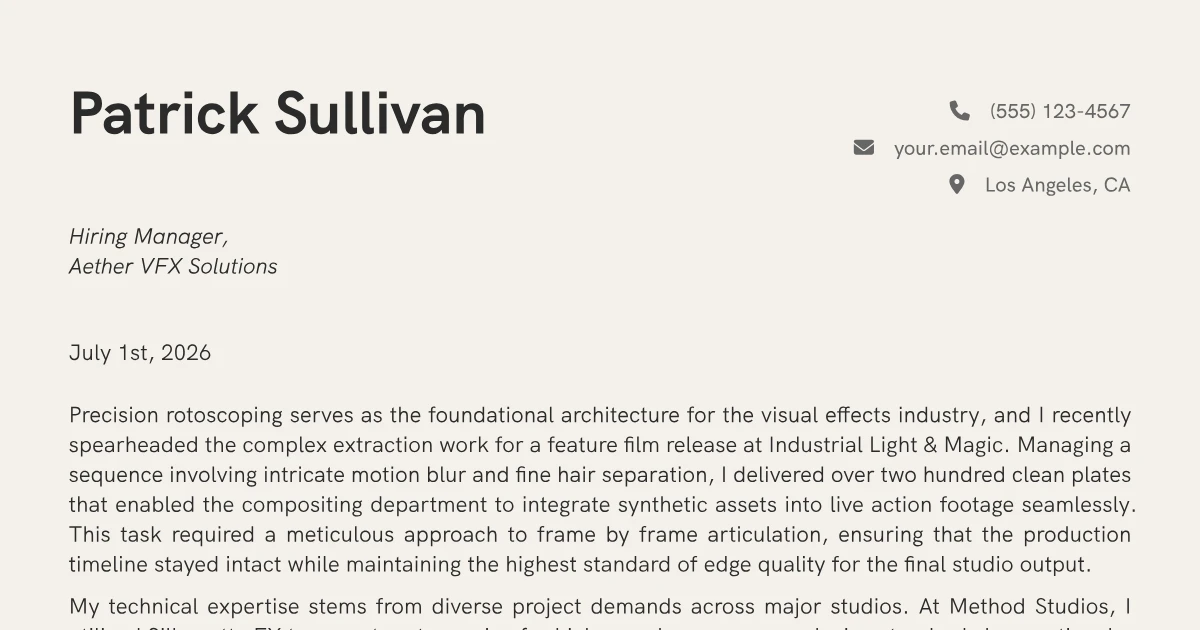 Compositing Work Example Roto Artist Cover Letter Example + Template (2026)