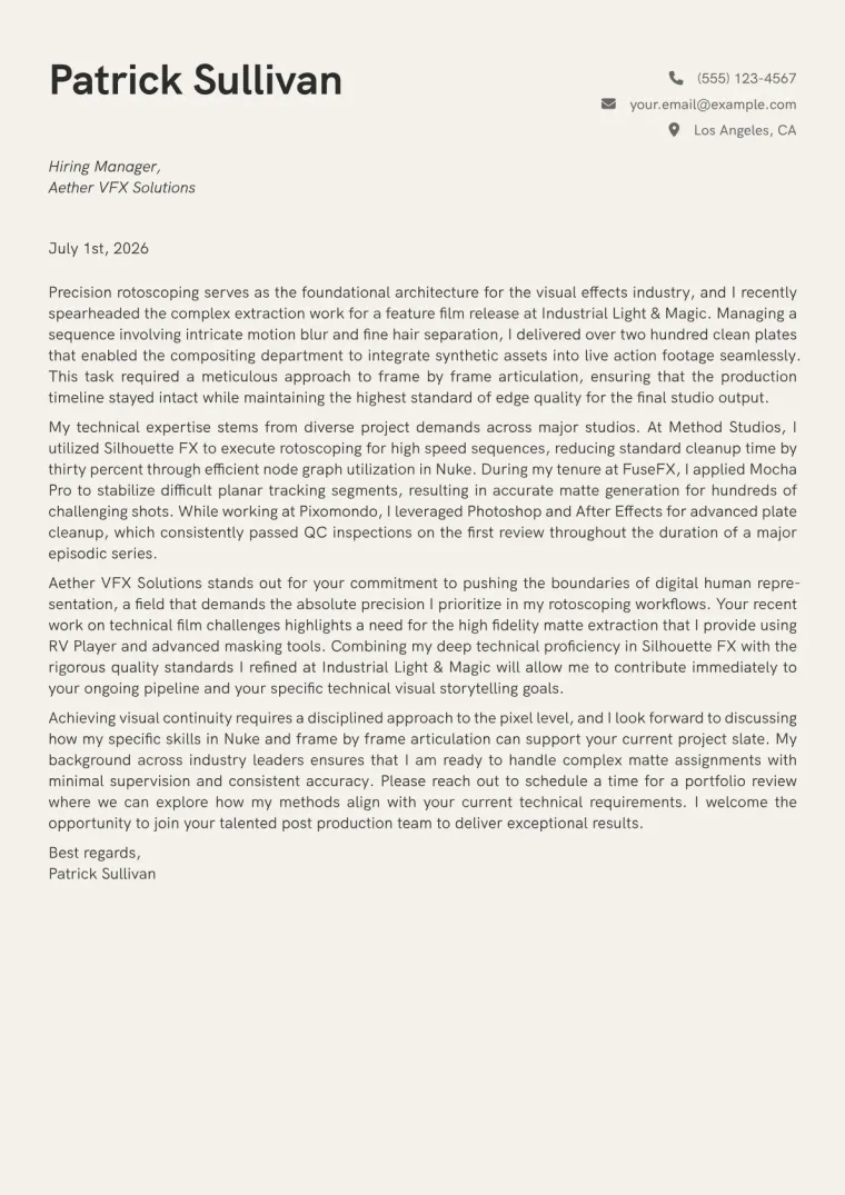 Roto Artist cover letter example