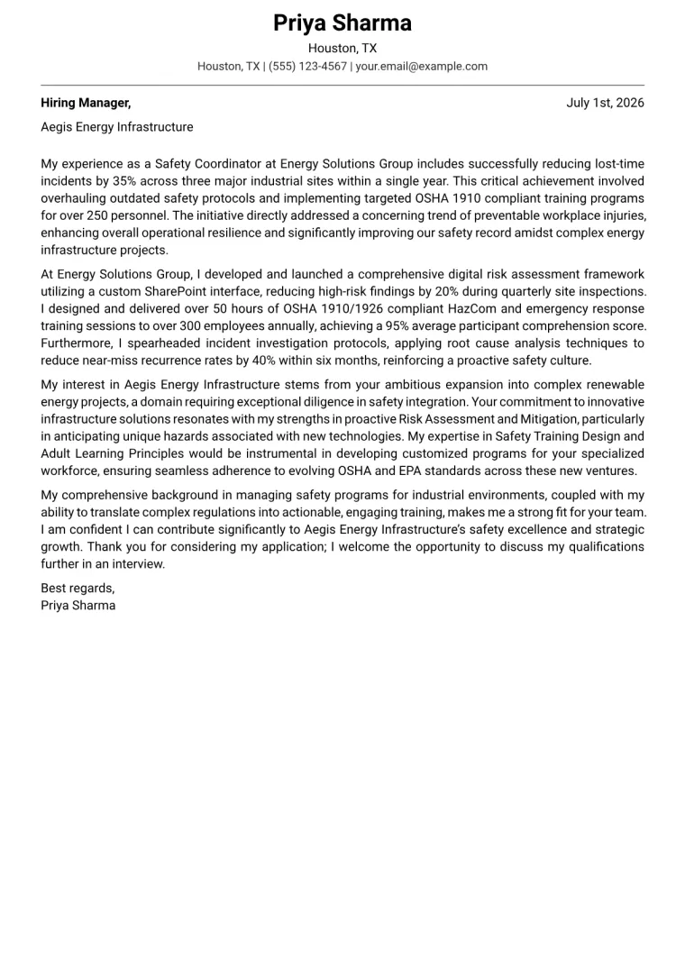 Safety Coordinator Cover Letter Example