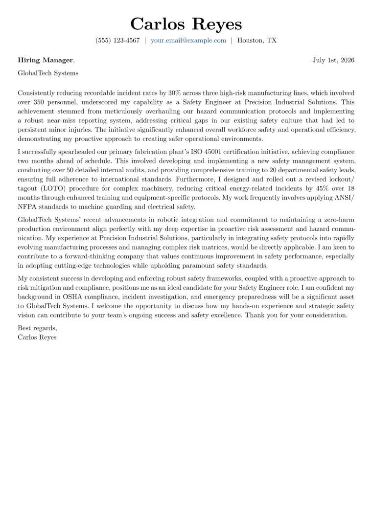 Safety Engineer cover letter example preview