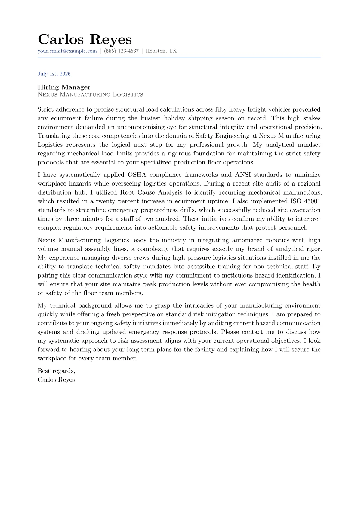 Safety Engineer cover letter in the Classic design