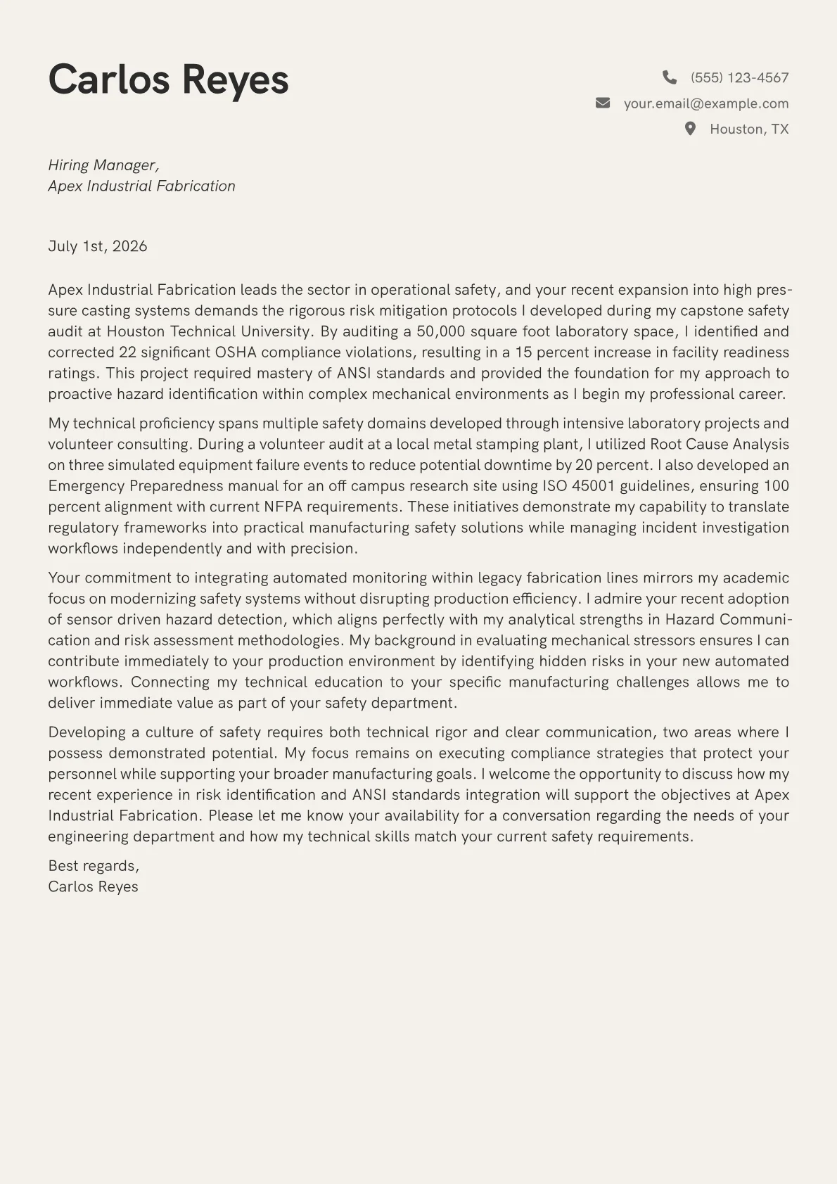 Safety Engineer cover letter in the Creative design